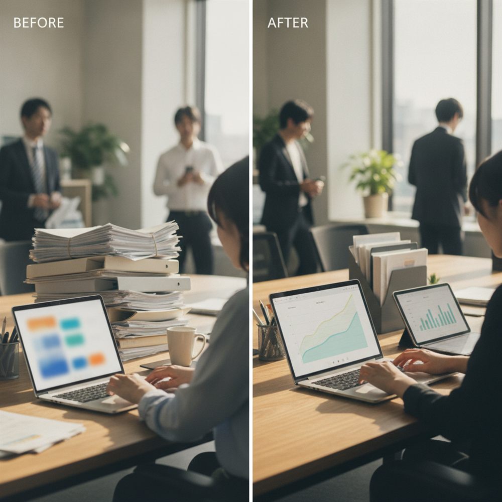 紙の山がダッシュボードに変わったイメージ