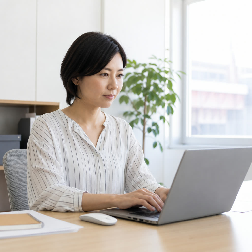 ノートパソコンで新しい業務の流れを試している事務担当