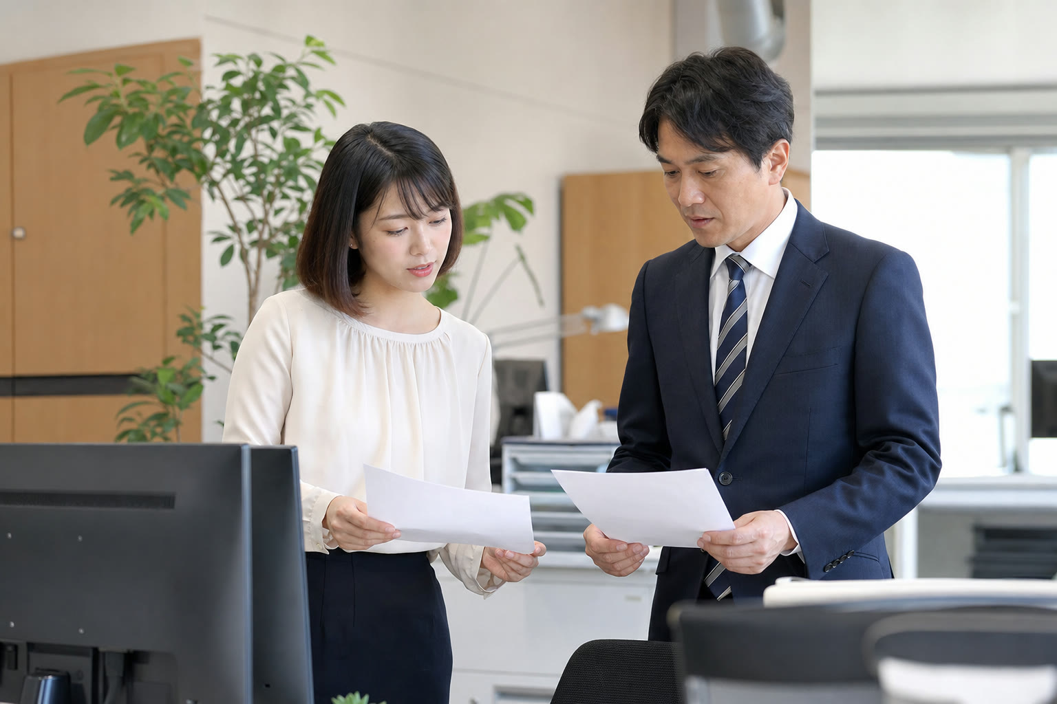 想定と実額を並べて差額を確認する事務担当と経営者
