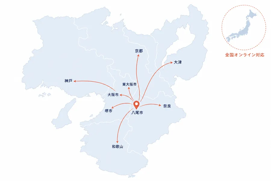 対応エリア地図：八尾市を中心に大阪市・堺市・東大阪市・神戸・京都・奈良・和歌山・大津へ対応。全国オンライン対応