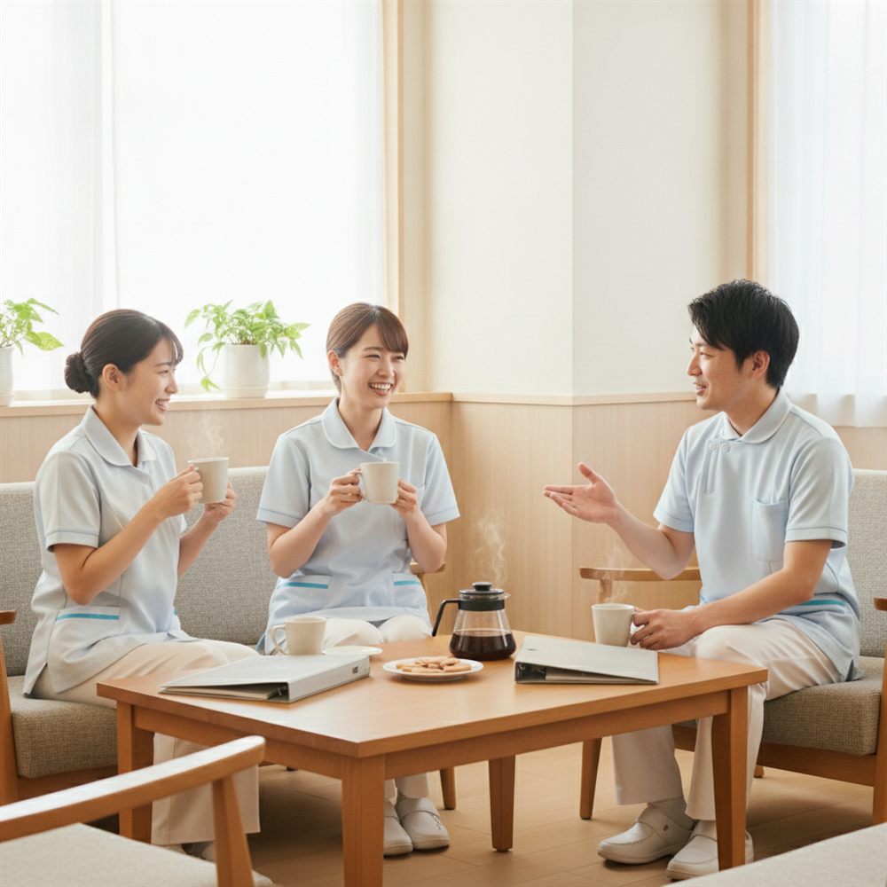 休憩室で談笑する介護スタッフ