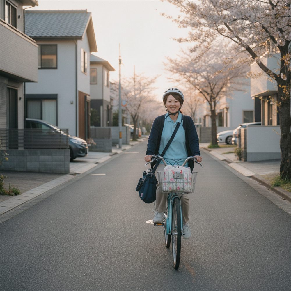 訪問へ向かう自転車の介護スタッフ