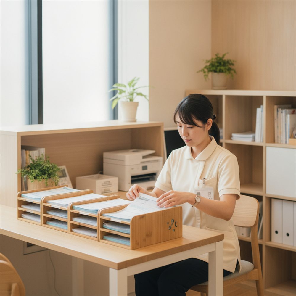 レセプト書類を整理する訪問看護師