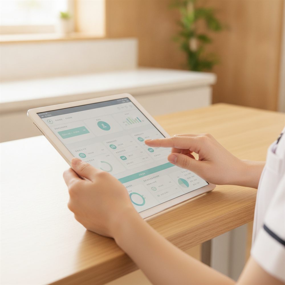 タブレットで介護記録を確認する看護師の手元