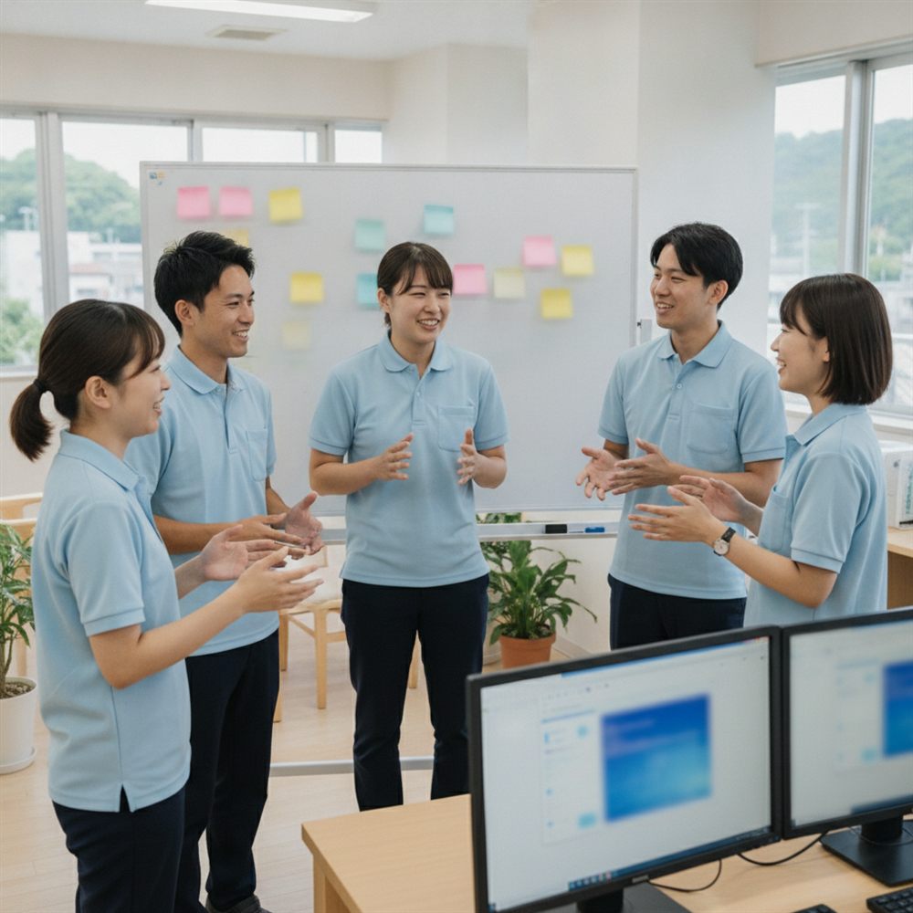 チームで見学の振り返りミーティングをする様子