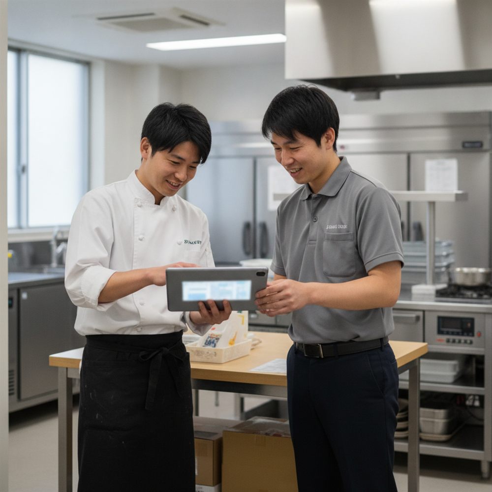 給食会社と同じ画面を確認するイメージ