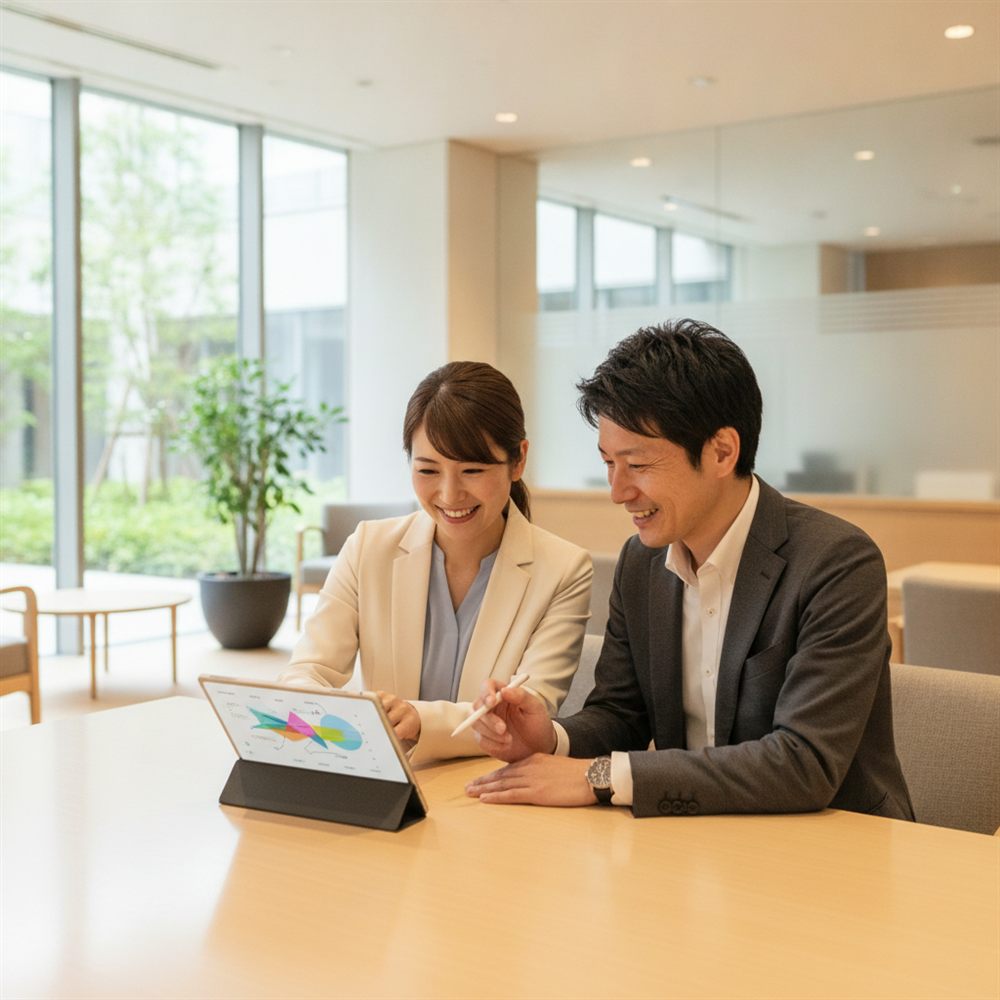 タブレットで計画を確認する二人