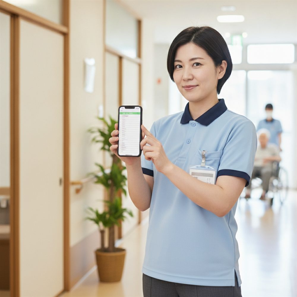 スマホで到着状況を確認するスタッフ