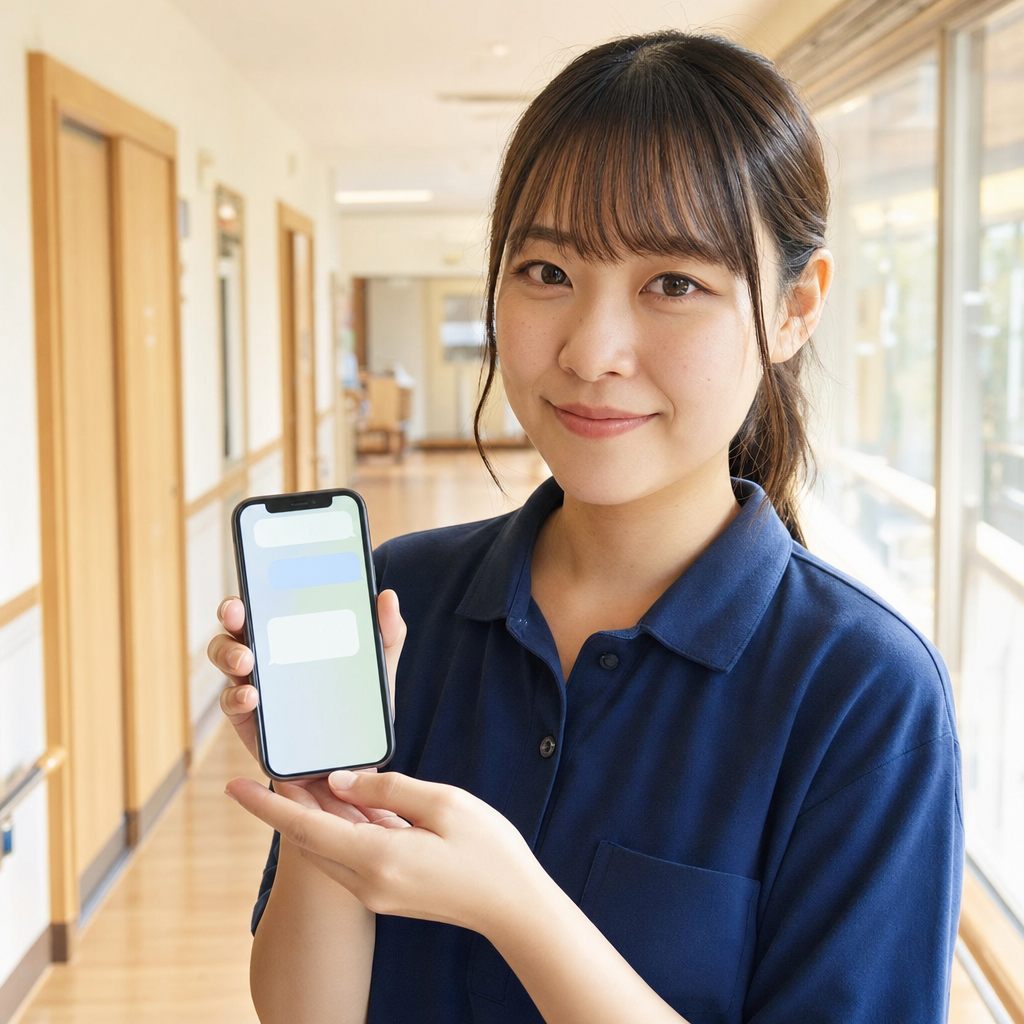 介護職員がスマートフォンで記録の下書きをAIに任せるイメージ