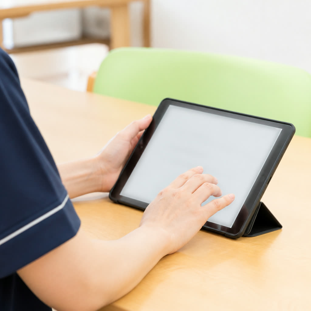 介護記録をタブレットに入力するスタッフの手元