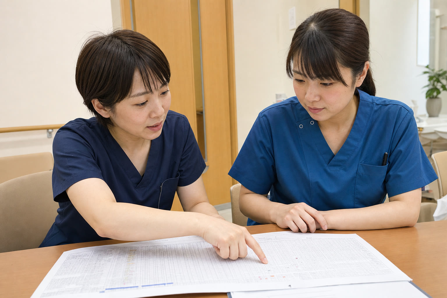 勤務表と当番表を並べて翌月の割り当てを確認する看護管理者