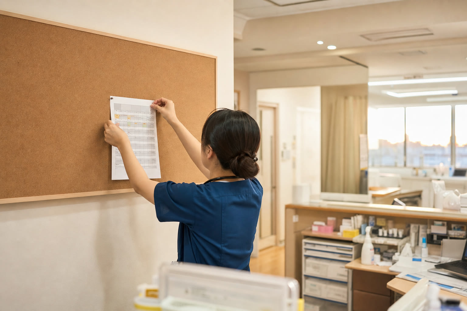 翌月の勤務表を印刷して掲示するステーションの掲示板