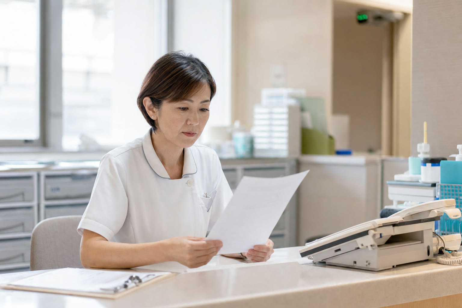 当番の内訳を1枚にまとめた表を確認する看護管理者