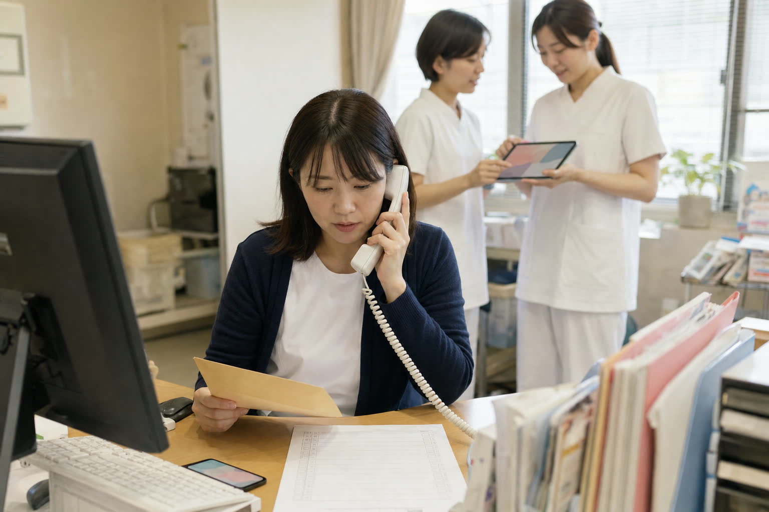 封筒と確認表を手に電話で書類を依頼する事務スタッフ
