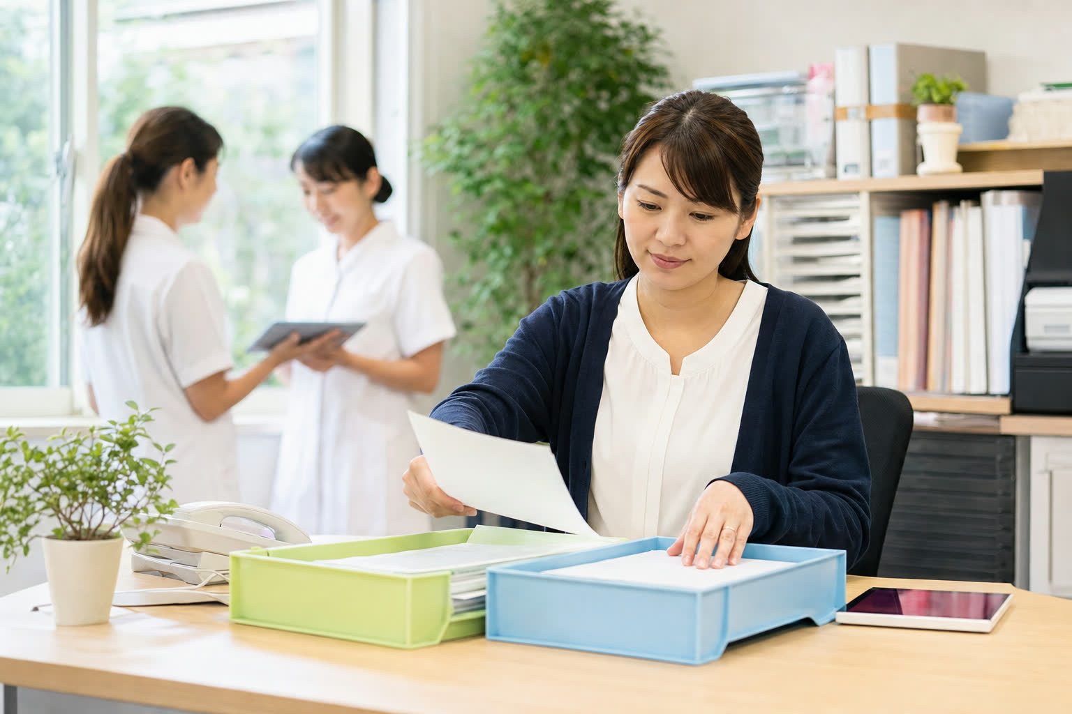書類を2つのトレイに分けて整理する介護事業所の事務スタッフ（AIで生成したイメージ）