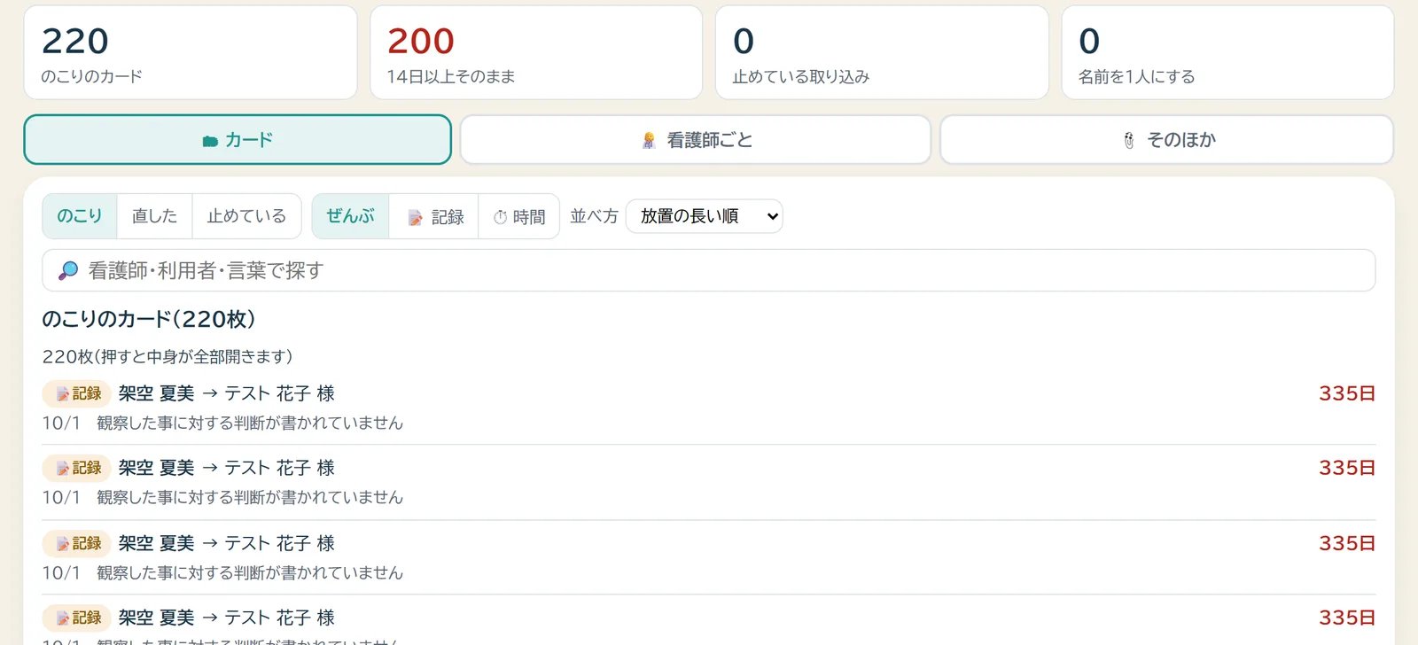看護主任の画面に、のこりのカードの数と、14日以上そのままのカードの数が表示されたデモ画面