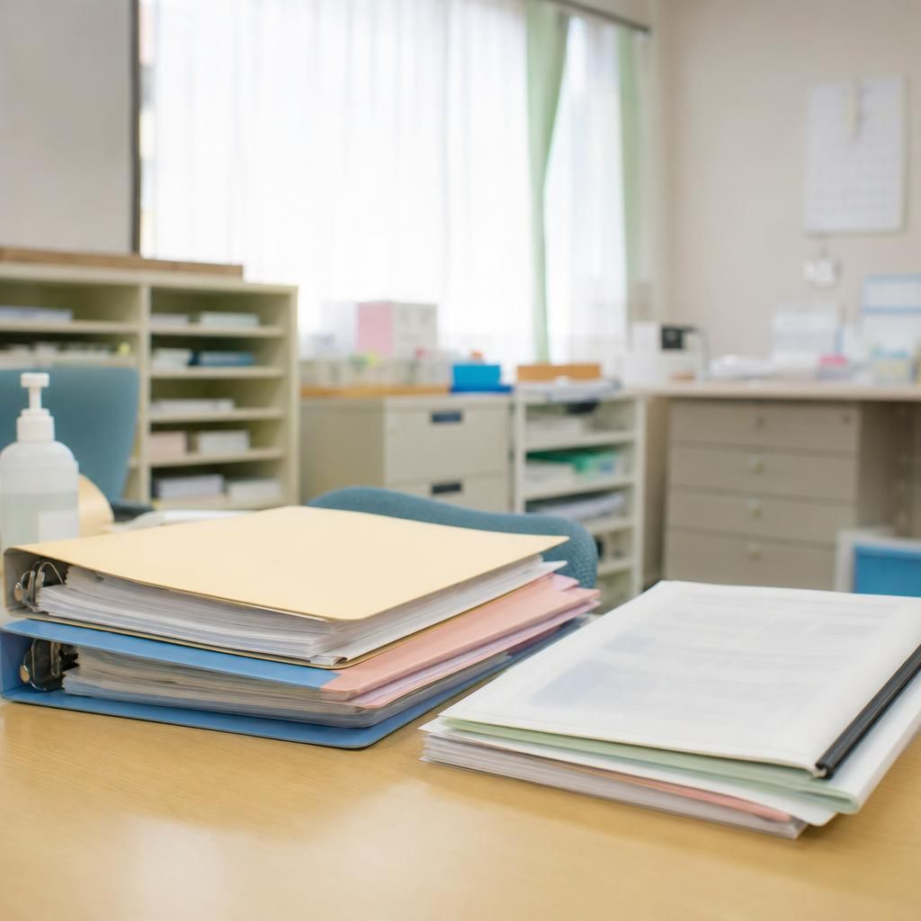 記録のファイルと点検の手順書が並ぶ詰所の机