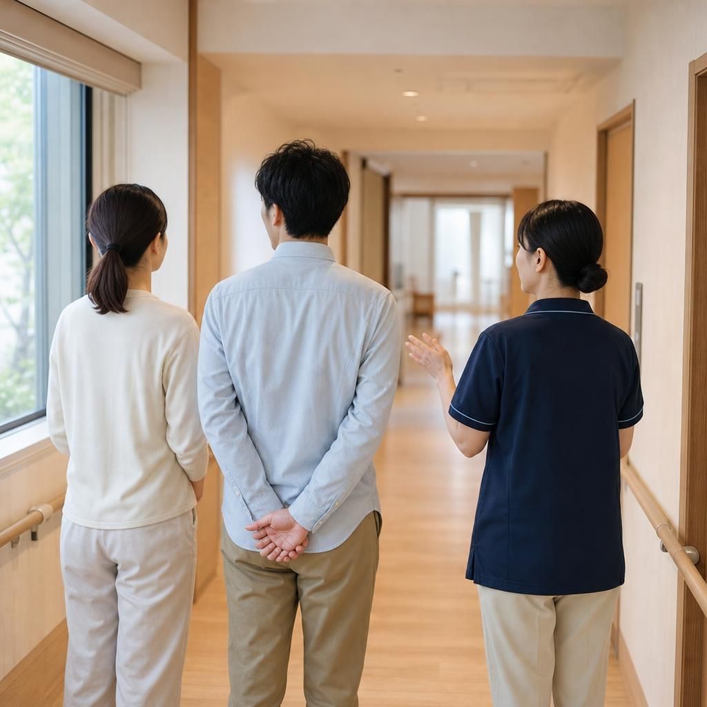 施設の見学に来た家族を案内する職員の後ろ姿