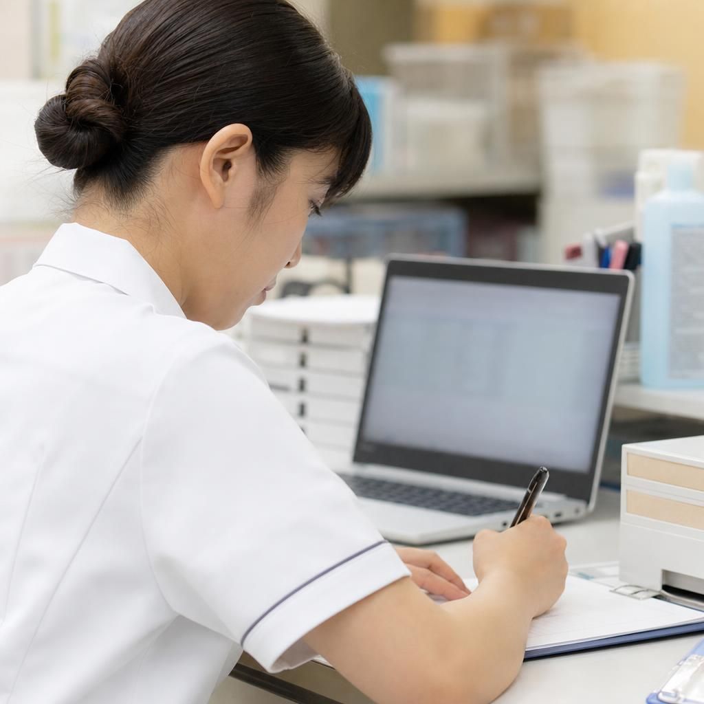 画面の案を見比べながら言葉を考える看護師の手元