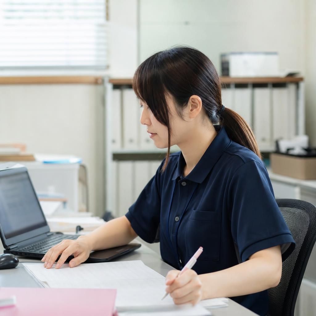 事務所でノートパソコンに向かい業務の流れを整理する担当者