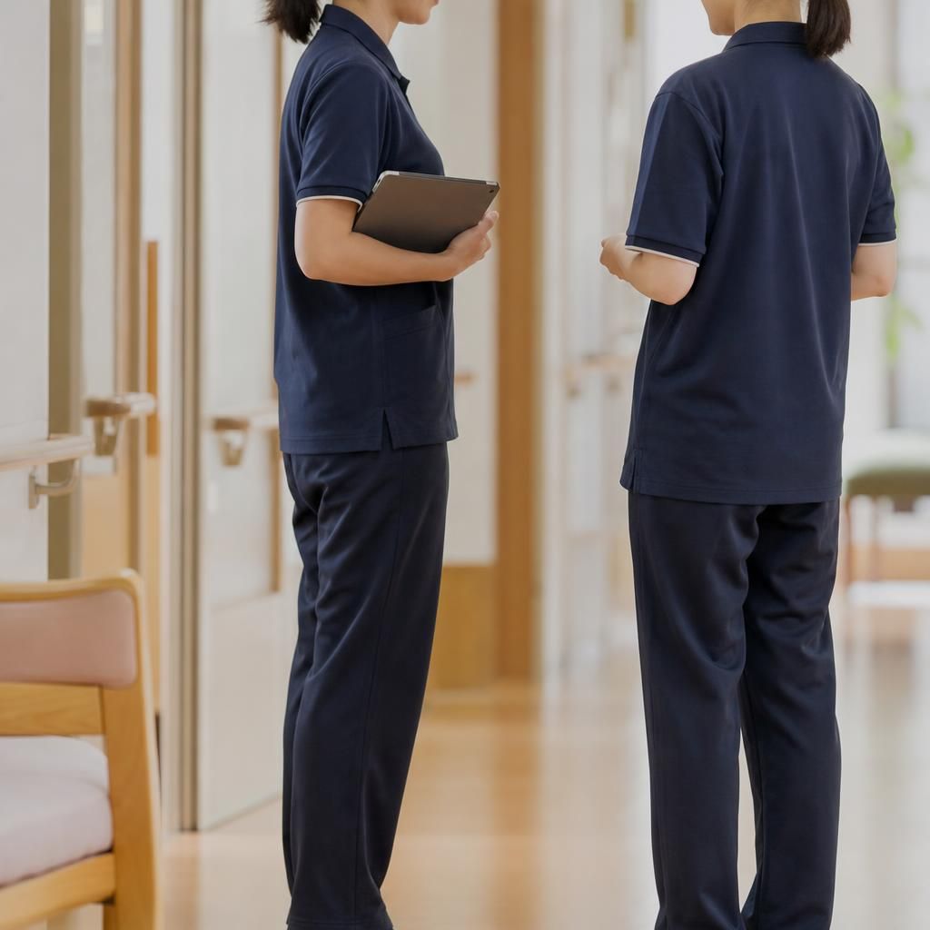 紺の制服の介護職員どうしが短く申し送りをする様子