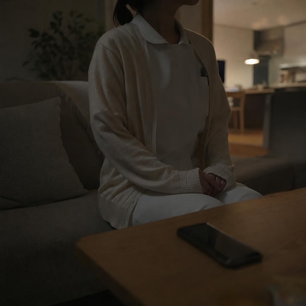 夜の自宅で携帯電話を手元に置いて待機する看護師