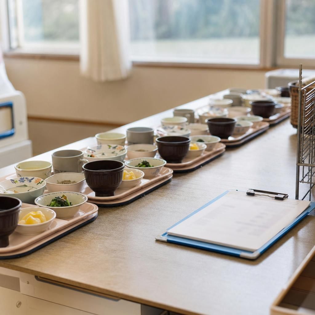 配膳前の食事のトレーが並ぶ施設の配膳台