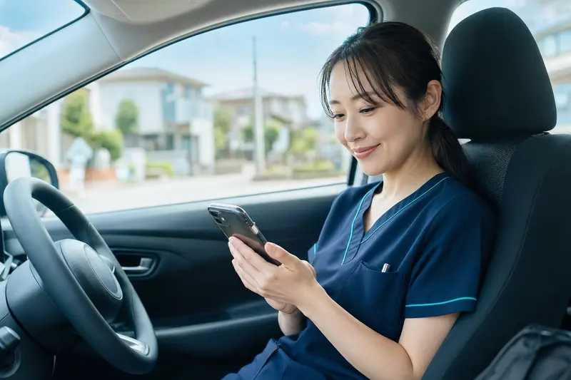 訪問の合間に車の中でスマホを見る看護師（イメージ）