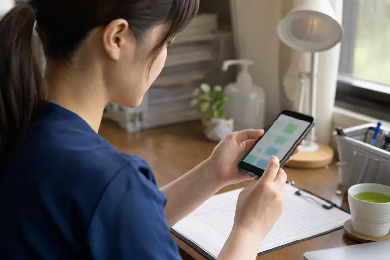 ステーションの机でスマホを確認する看護師（イメージ）