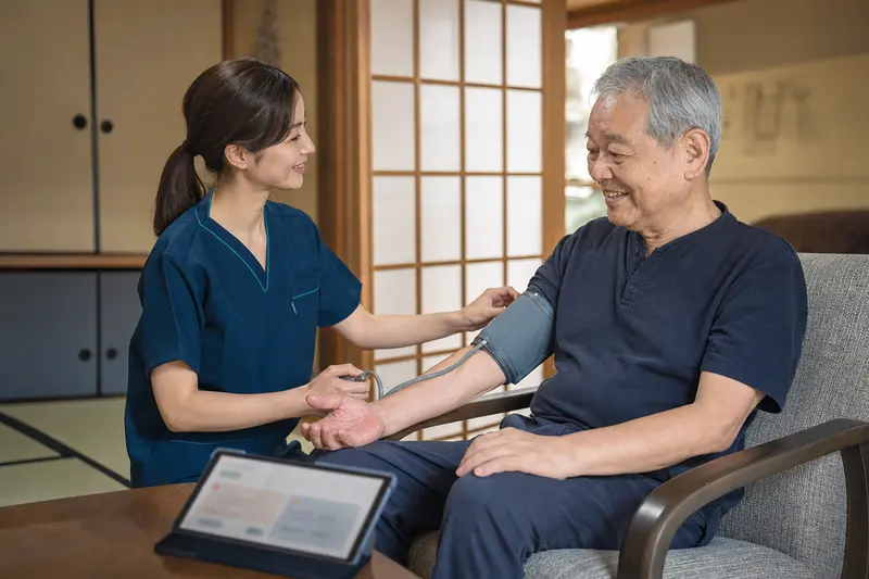 ご自宅で血圧を測る訪問看護師（イメージ）