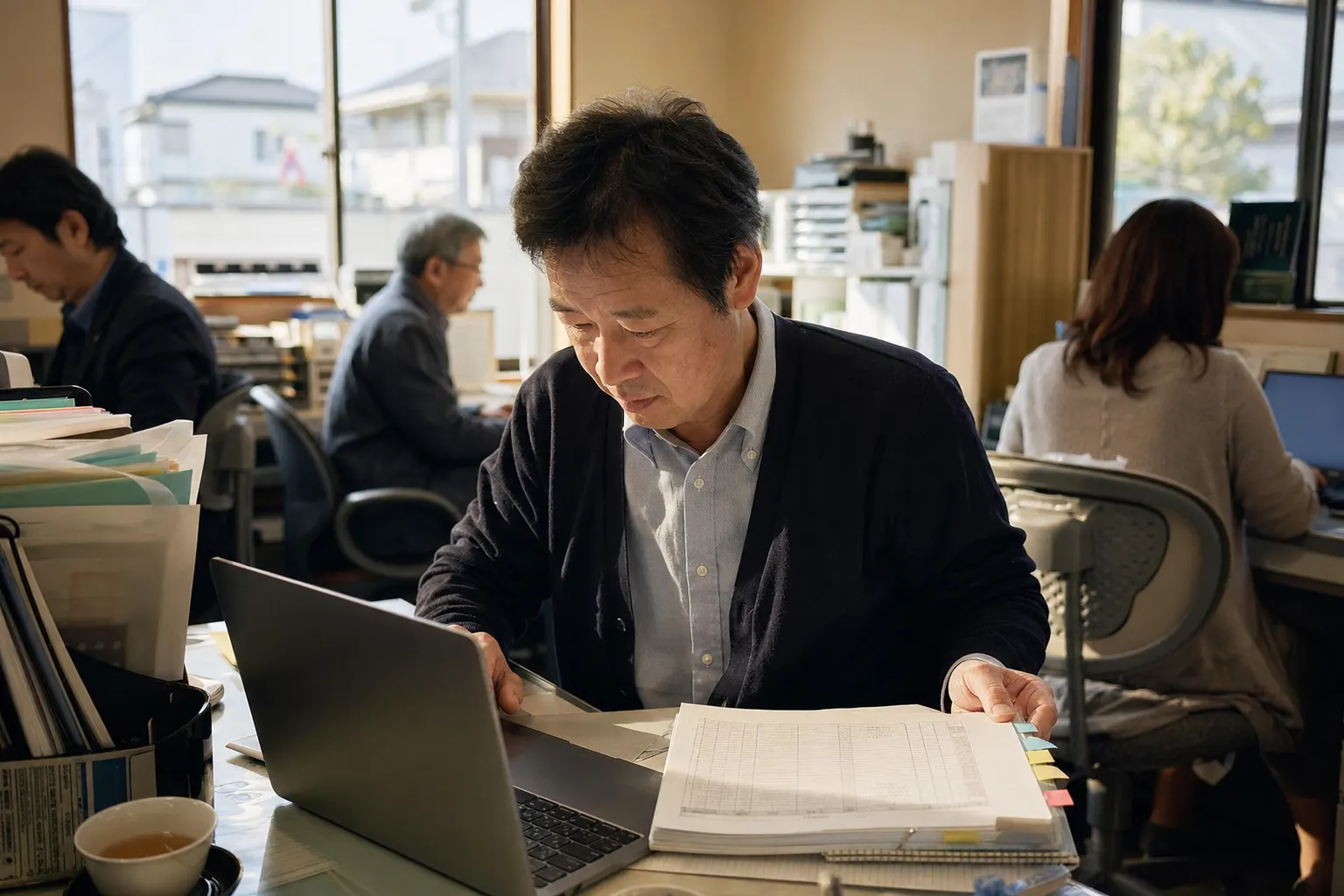 事務員が印刷した表のファイルとノートパソコンを見比べている(AIで生成したイメージ)