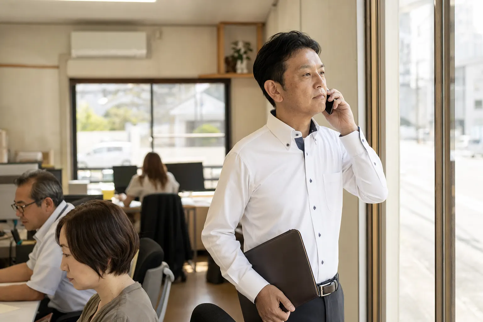 不動産会社の担当者が窓の近くで電話をしている（AIで生成したイメージ）