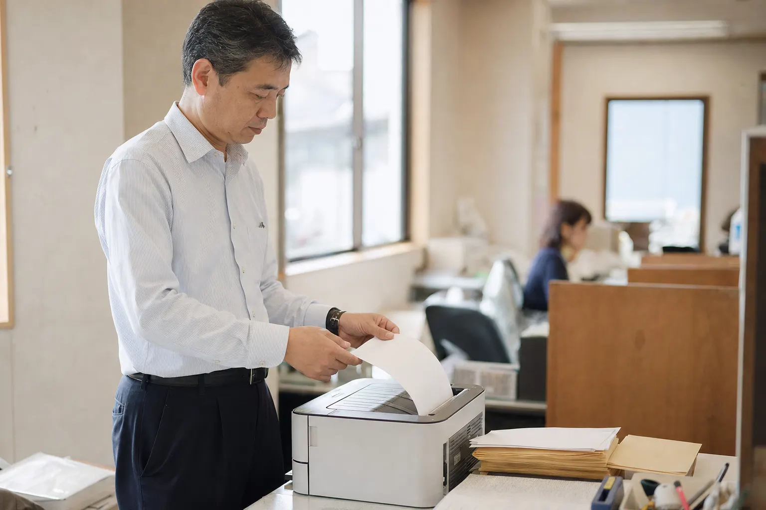 事務員がプリンターで書類を印刷している。机の上に封筒と明細の束（AIで生成したイメージ）
