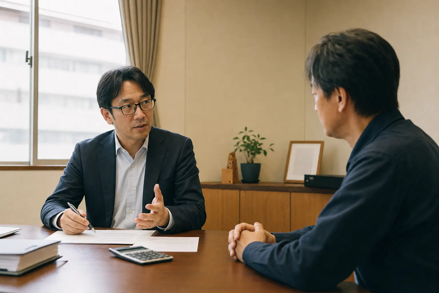 会議室で税理士と不動産会社の社長が書類と電卓を前に話している（AIで生成したイメージ）