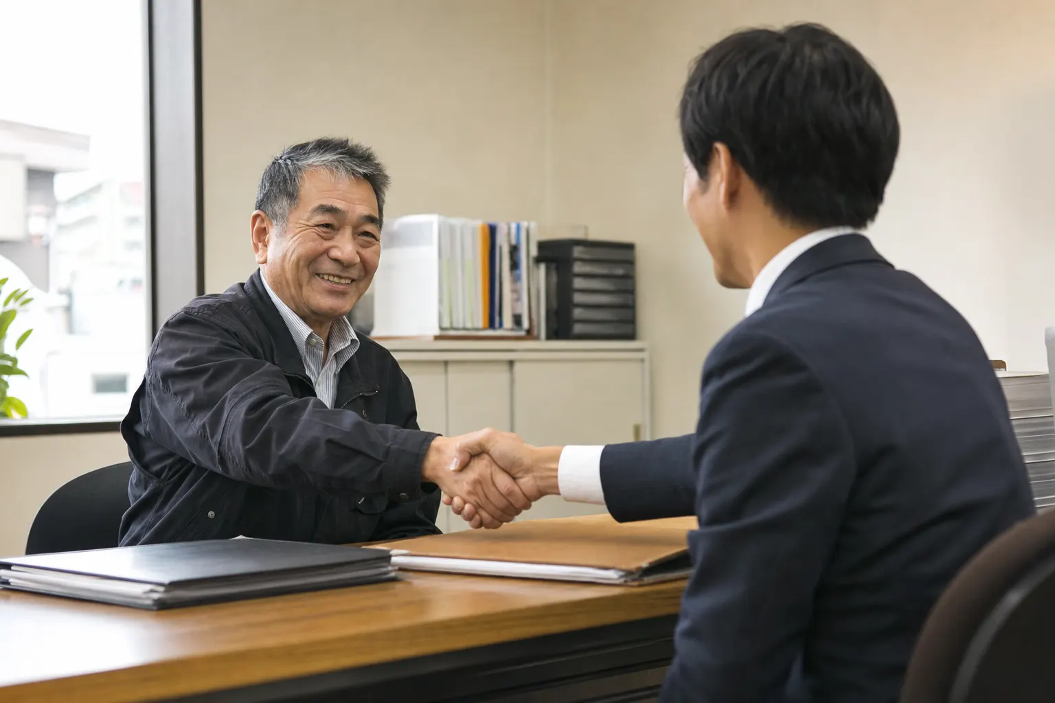 建物のオーナーと管理会社の担当者が打ち合わせのあと握手をしている（AIで生成したイメージ）