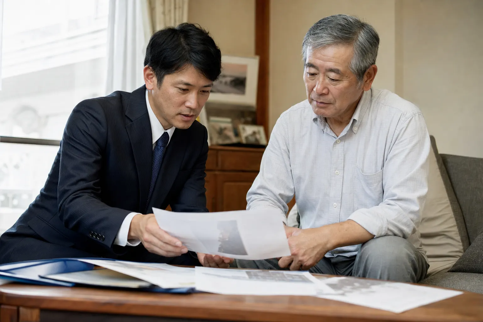 管理会社の担当者が、高齢のオーナーに居間で報告書を見せて説明している（AIで生成したイメージ）