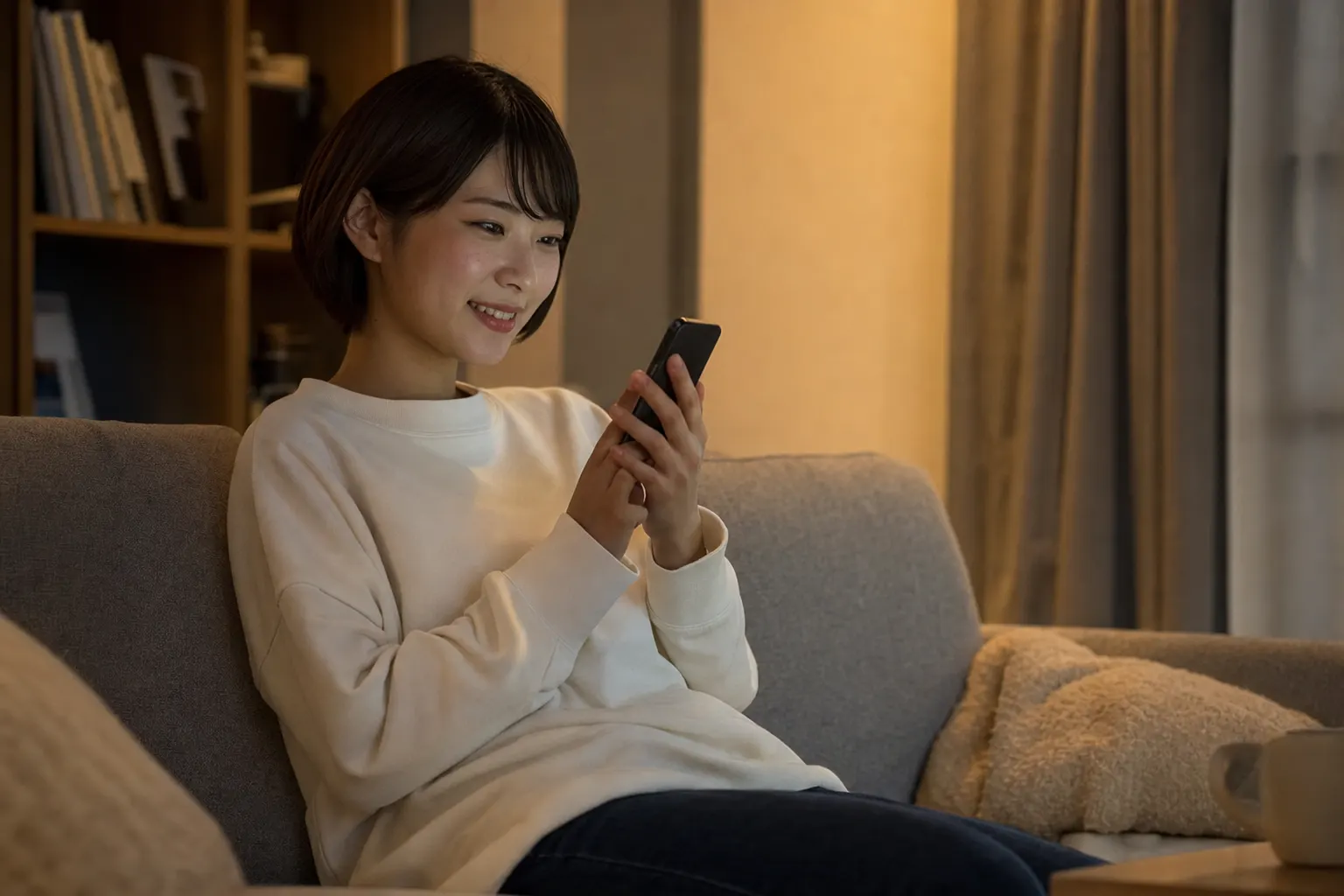 賃貸マンションの部屋で入居者がスマートフォンでメッセージを送っている（AIで生成したイメージ）