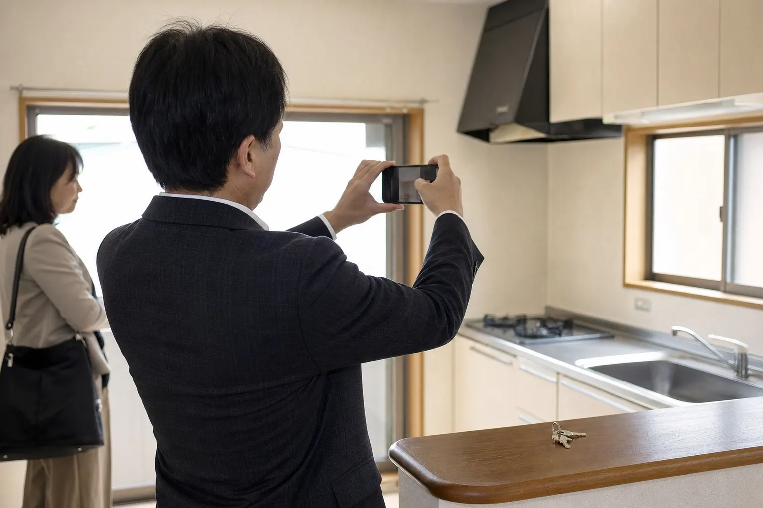 退去の日に、空いた部屋のキッチンをスマートフォンで撮っている（AIで生成したイメージ）