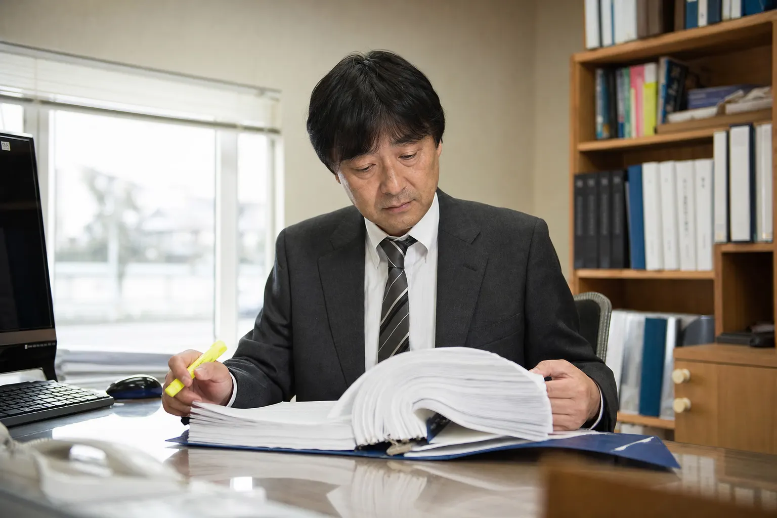 不動産会社の責任者が机で法令の資料に蛍光ペンで印を付けている（AIで生成したイメージ）