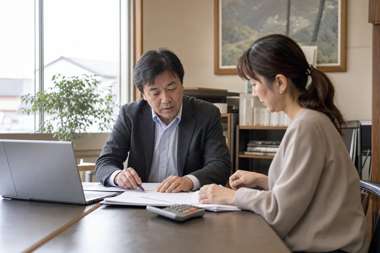 小さな会社の社長と相談員が申請書類を見ている（AIで生成したイメージ）
