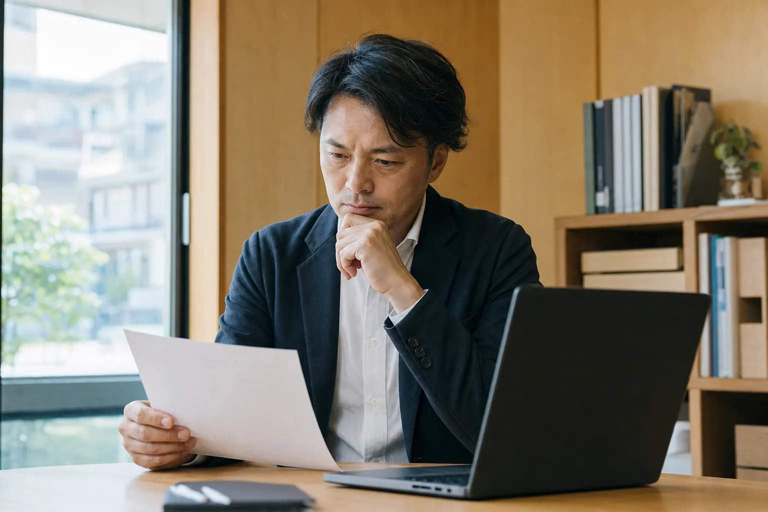 不動産会社の社長が見積書とノートパソコンを前に考えている(AIで生成したイメージ)