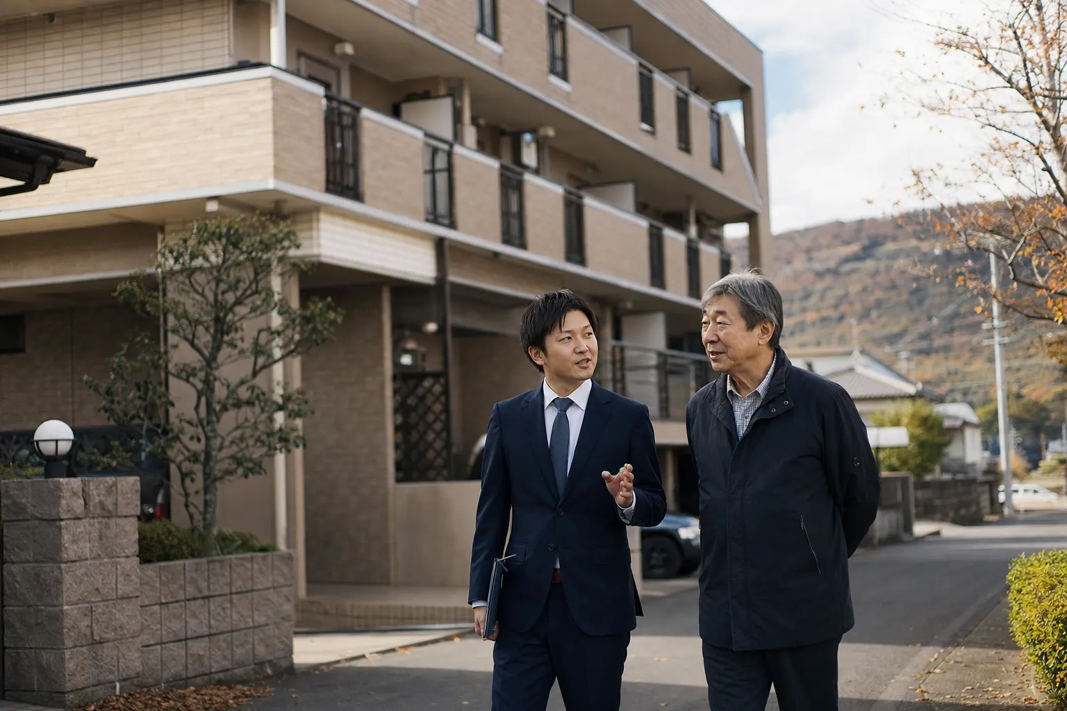 地方の町で、管理会社の担当者がオーナーと3階建てのアパートの前を歩きながら話している（AIで生成したイメージ）