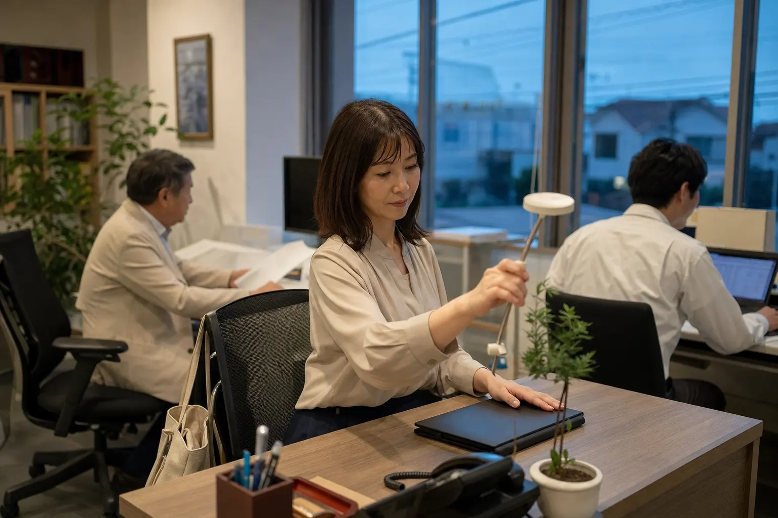 夕方の不動産会社で、職員が机の明かりを消してノートパソコンを閉じている(AIで生成したイメージ)