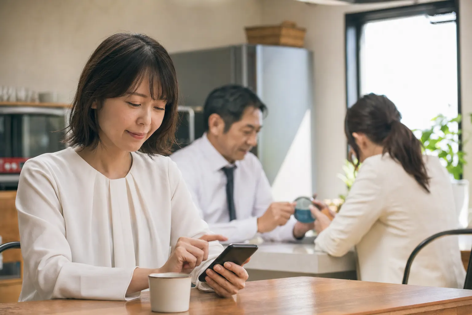 休憩室で職員がスマートフォンの質問票に答えている(AIで生成したイメージ)
