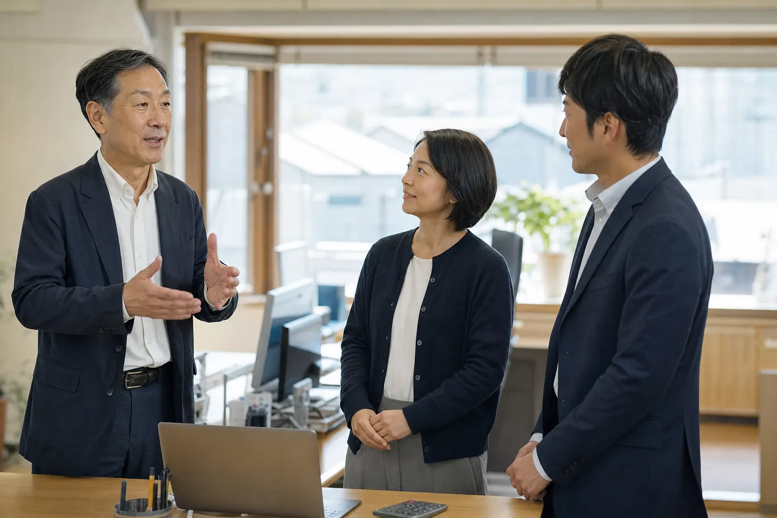 管理会社の職員3人が朝の短い打ち合わせをしている(AIで生成したイメージ)