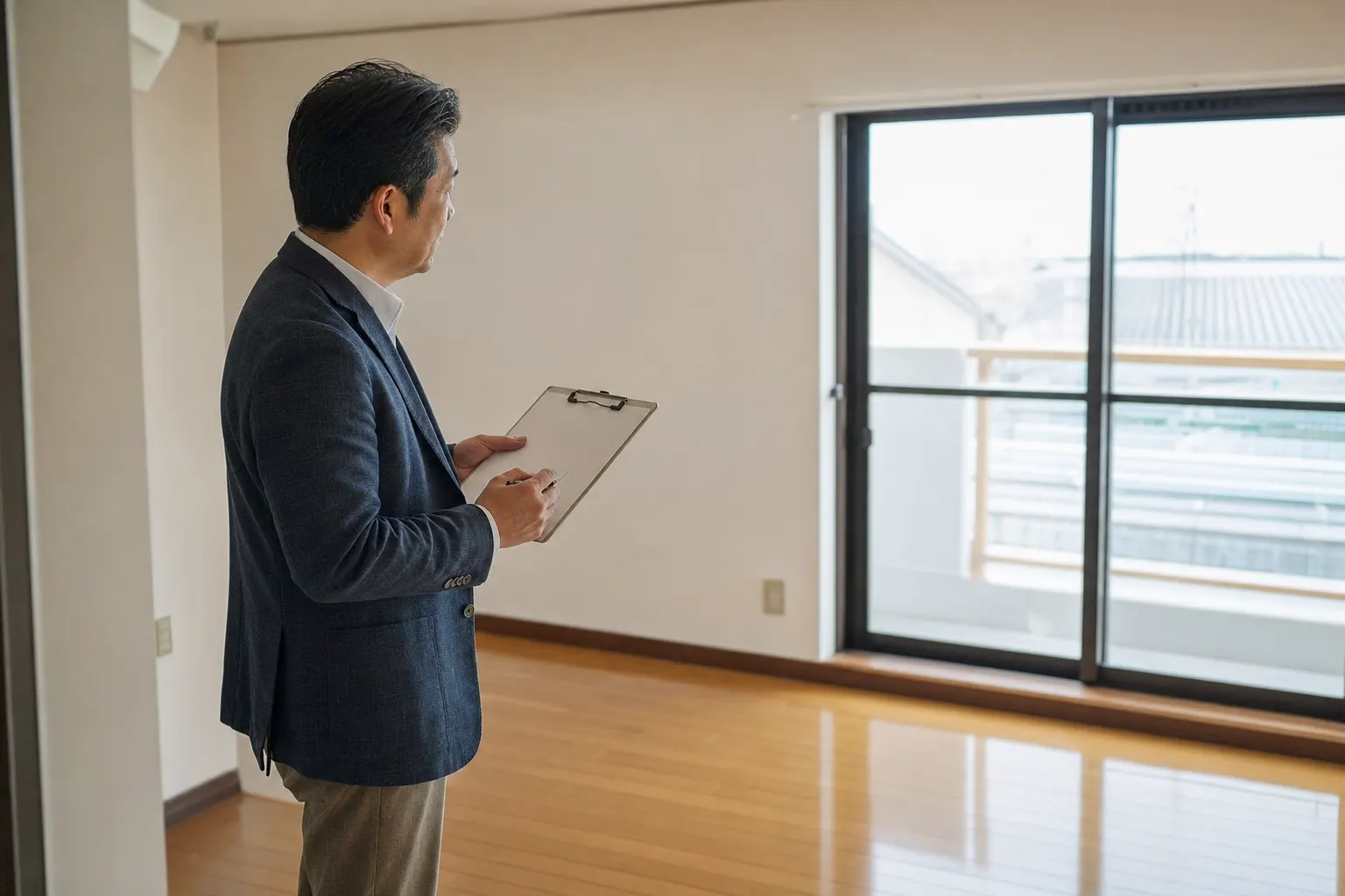 管理会社の担当者がバインダーを持って空室を確認している（AIで生成したイメージ）