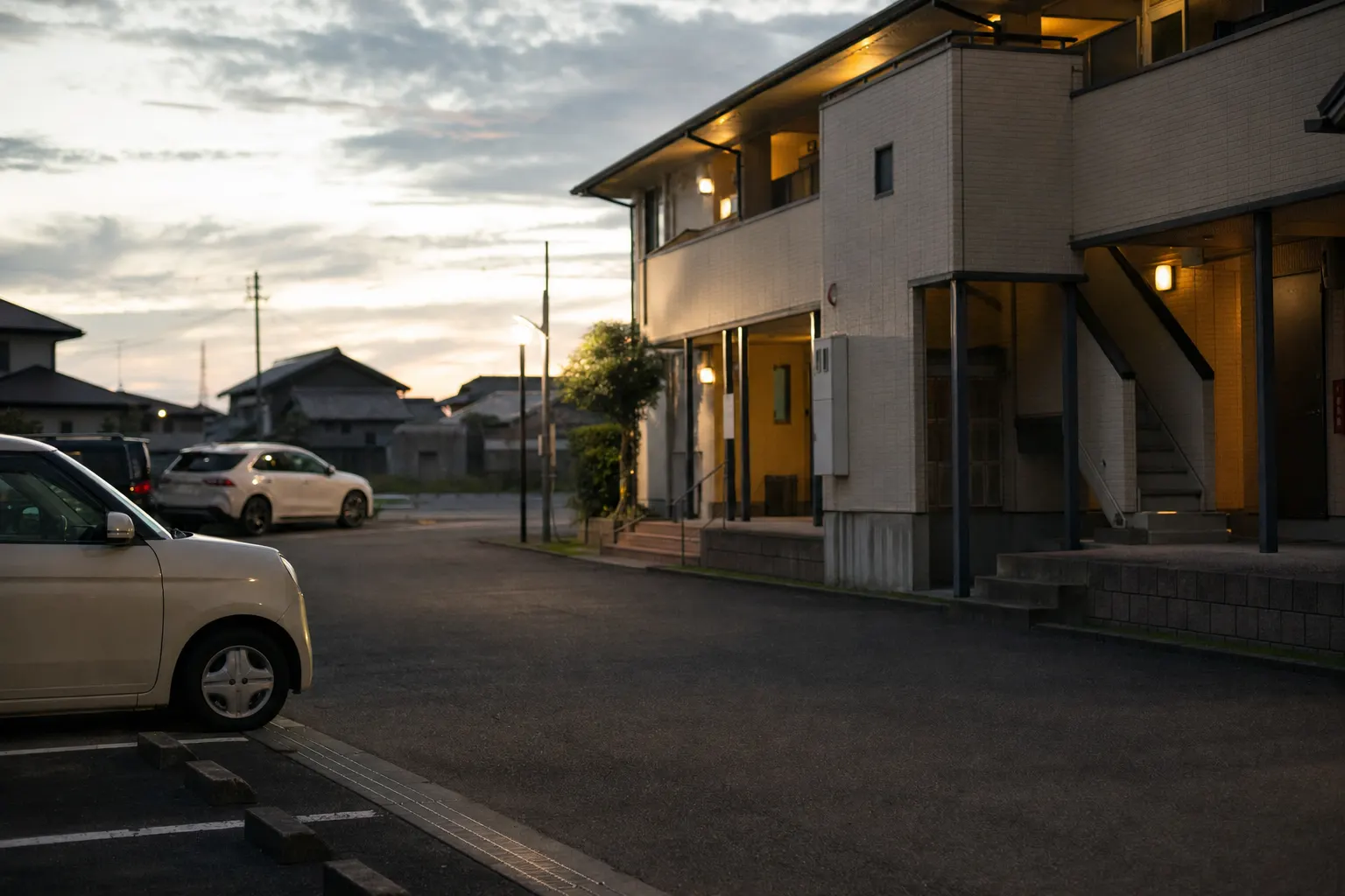 地方の町のアパートの横にある小さな駐車場（AIで生成したイメージ）