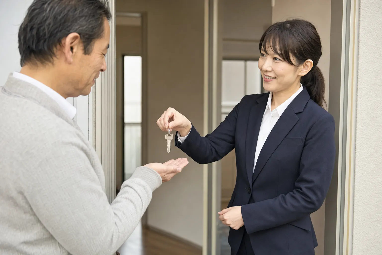 アパートの入口で管理会社の担当者が新しい入居者に鍵を渡している（AIで生成したイメージ）