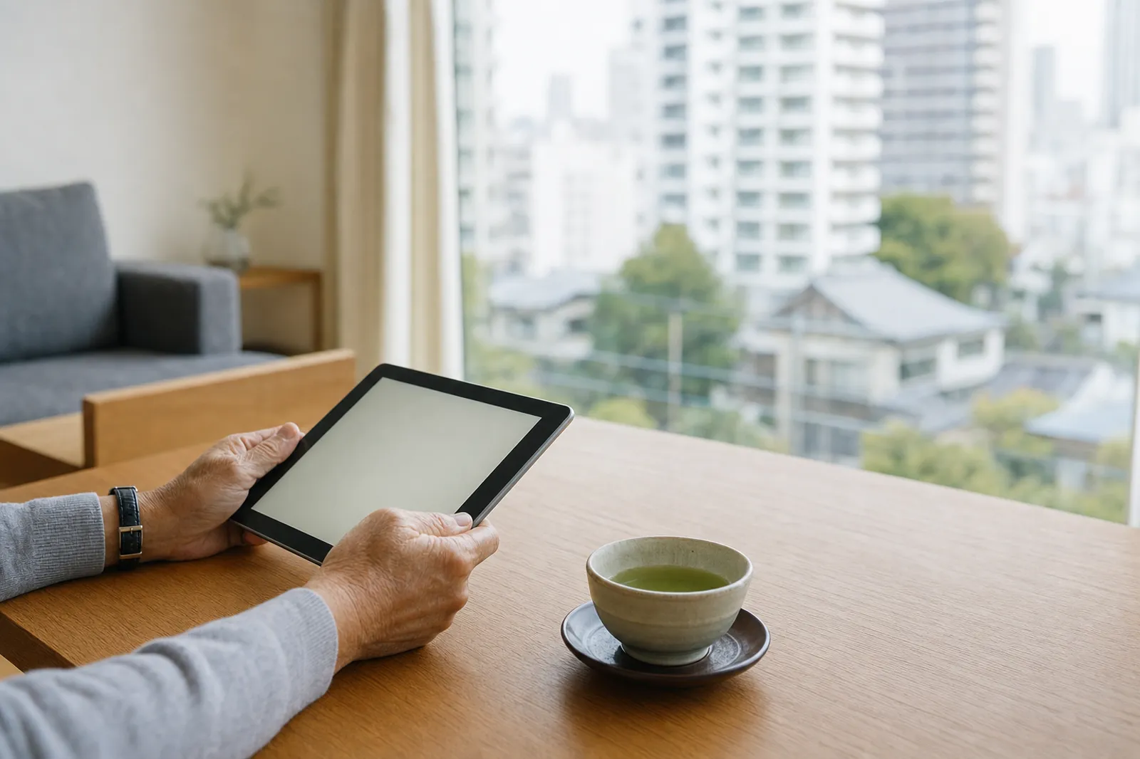 オーナーが居間でタブレットを手にしている（AIで生成したイメージ）