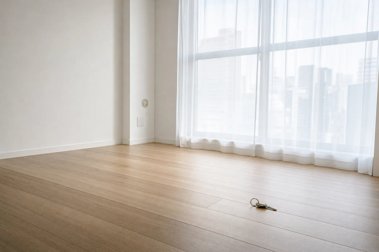 退去後のきれいに片づいた部屋。床に鍵が置かれている(AIで生成したイメージ)
